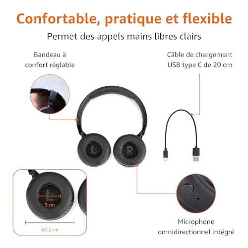 Amazon Basics Casque supra-auriculaire Bluetooth sans fil - 35 heures d’autonomie - Noir - Image 4
