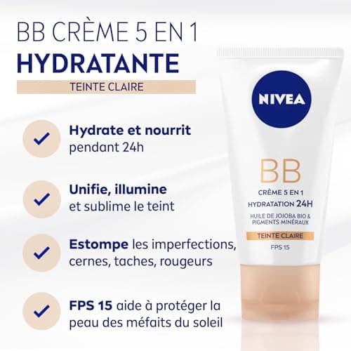 NIVEA - BB Crème 5 En 1 Teinte Claire - Crème Visage FPS 15 - Hydratation 24H - Réduit Imperfections & Signes De Fatigue - Huile De Jojoba Bio & Pigments Minéraux - Vegan - Tous Types De Peaux - 50 ml - Image 3