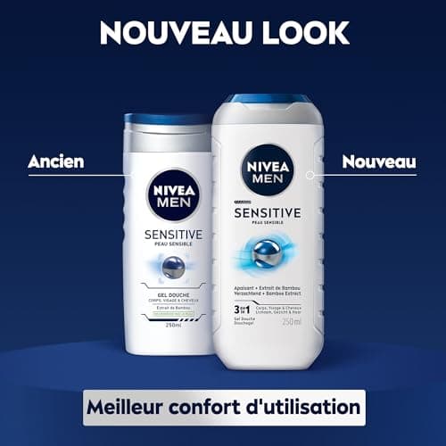 NIVEA MEN Gel Douche Sensitive (lot 6 x 250 ml) — Soin lavant enrichi à l'extrait de Bambou — Gel douche homme 3 EN 1 — Soin nettoyant doux Corps Visage & Cheveux pour les peaux sensibles - Image 6