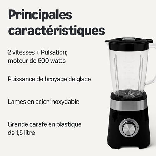 Amazon Basics Mixeur de cuisine avec pichet en plastique de 1.5 l, 600 W pour faire des smoothies et piler de la glace, Noir - Image 4