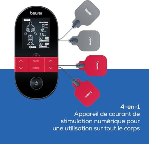 Beurer EM 59 TENS/EMS Muscle Stimulator 4-in-1 for Pain Therapy, Muscle Stimulation, Massage and Therapy, Black Thermotherapy, with 4 Electrodes and Battery - Image 5