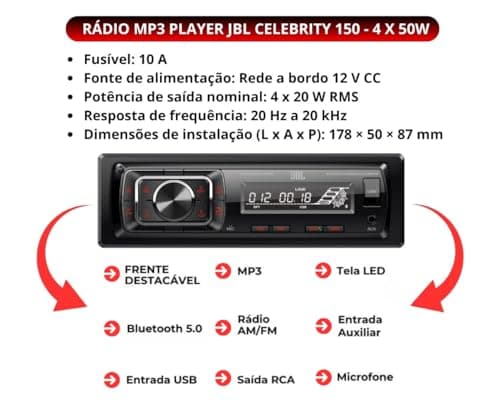 JBL Autoradio Bluetooth Voiture Celebrity 150 par Harman Kardon, Poste Radio 1 DIN, 4x50W, Streaming Bluetooth, kit Main Libre Voiture, écran Amovible, AM/FM, USB, SD, AUX, 2 Sorties RCA pour Ampli - Image 4