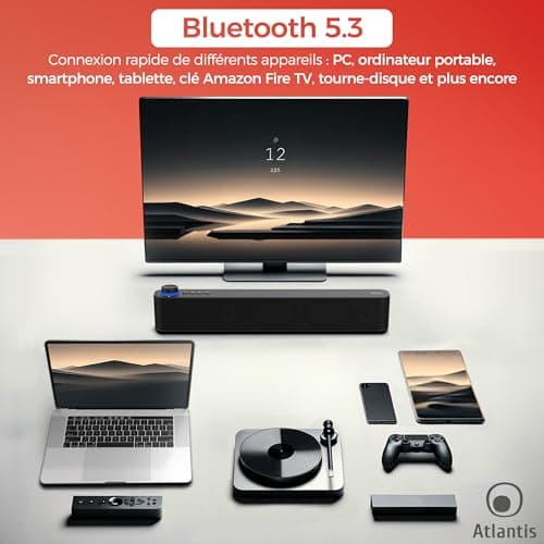 ATLANTIS Soundbar PC 20 W, PC Case, 3.5 mm Jack + Bluetooth 5.3 for Smartphone, FireTV, Turntable, Batt. 2400 MHA, FM Radio, Speaker PC, Laptop, TV, Smartphone Dimm 420 x 60 x 74 mm Black - Image 4