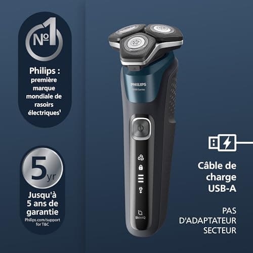 Philips Rasoir Series 5000 - rasoir électrique Wet & Dry avec technologie SkinIQ, tondeuse rétractable, coffret de voyage, Quick Cleaning Pod, bleu électrique, modèle S5889/50 - Image 4
