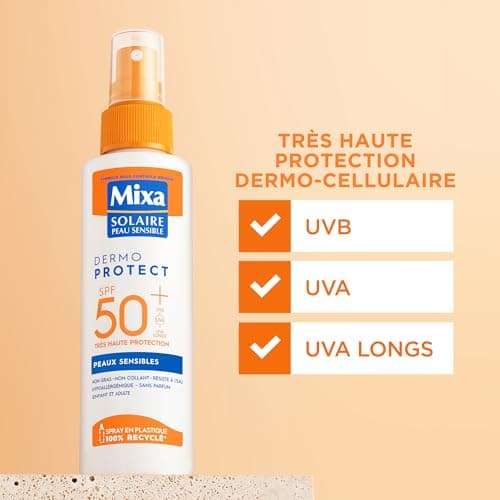 Mixa Solaire Peaux Sensibles - Spray Soin Solaire Très Haute Protection SPF 50+ UVA, UVA longs, UVB - Visage et Corps - Adultes et Enfants - Résistant à l'Eau et au Sable - Hypoallergénique - 150 ml - Image 4