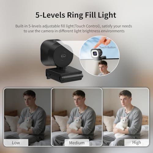 TOALLIN 4K Webcam with Ring Light, Remote Control, Auto Focus PDAF, 12 Million Pixels, Built-in Dual Microphone, 5X Digital Zoom, Webcam for Live Streaming and Video Calls - Image 4