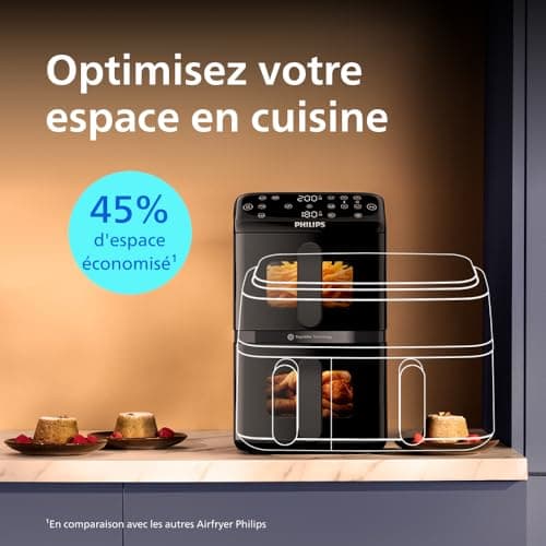 Philips Airfryer 4000 Series - Air Fryer VerticalDuo, 10L, RapidAir, 13 Cooking Modes, Synchronization, 45% Space Saving, Ceramic Coating PFAS Free, Cooking Windows, Black (NA460/00) - Image 7