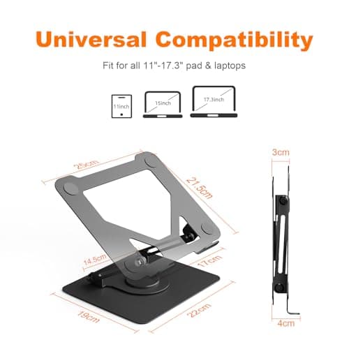 GRIFEMA GB1050 Ergonomic Rotating Laptop Stand 360 Height Adjustable Foldable Ventilated Laptop Stand Compatible with MacBook Air/Pro, Dell, and Laptops 11-17 Inch – Black - Image 4