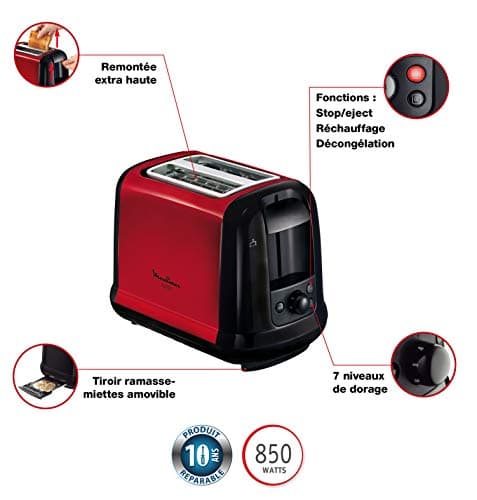 MOULINEX Subito LT260D11 Toaster with 2 Slots, Red Toaster, Thermostat 7 Positions, Decongating, Reheating, Extra High - Image 3