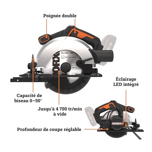 WORX 20V WX526.9 Cordless Circular Saw, 165 mm Blade, Up to 55 mm, Bevel 0-50°, Ideal for Clean Cuts in Wood, Compact and Lightweight, No Battery or Charger - Image 7