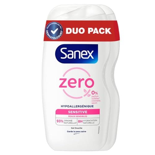 SANEX - Gel douche hypoallergénique Zéro% Sensitive - hydratation pendant 8 heures - testé sous contrôle dermatologique -Lot de 2 X 475 mL - Image 4