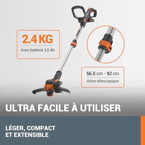WORX Coupe Bordure sans Fil avec Batterie Ø30cm WG163E.2 Coupe-Herbe Débroussailleuse Batterie Électrique avec 1pc 2.0Ah 20V Powershare 1.65mm 3m Fil Tête Rotative à 90° Manche Télescopique - Image 7