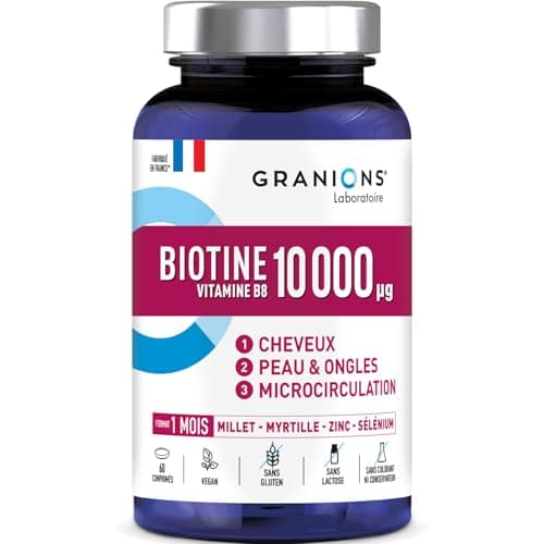 Biotin 10,000 µg GRANIONS, Food Supplement Hair, Skin, Nails - Vitamin B5, Biotin Millet, Cystine, Blueberry, Zinc, Selenium, Methionine - Vegan, Gluten Free, 60 Tablets Made in France - Image 3
