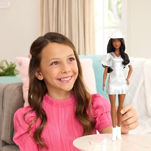 Barbie Barbie Fashionistas Silver Dress Doll with Black Hair, White Cowboy Hat and Boots - Image 3