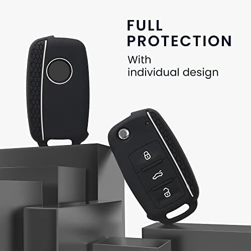 kwmobile Car Key Case Compatible with VW Skoda Seat 3-Button Car Key Accessory – Soft Silicone Case – White / Black - Image 3