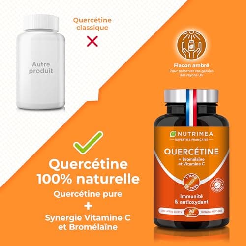 QUERCETINE - 600 mg - Vegan & Sans Excipient - Avec Bromelaine & Vitamine C Végétales - Puissant Antioxydant, Renforce l'Immunité - Nutrimea - 90 Gélules - Fabriqué en France - Image 5