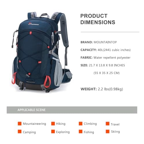 MOUNTAINTOP 40L Men's Women's Hiking Backpack Travel Backpack with Rain Cover for Travel Camping Trekking, 55 x 35 x 25 cm - Image 3
