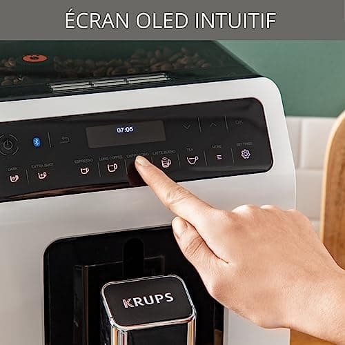 Krups Coffee Bean Machine, Grain Grinder, Espresso Maker, Cappuccino, Espresso, 15 Drinks, 2 Cups Simultaneously, Made in France, Evidence EA890110, White - Image 5