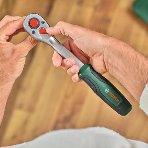 Bosch Set de 57 cliquets 1/4" + 1/2" (pour divers bricolages ; 55 accessoires ; couple élevé ; bouton de verr. ; inverseur ; manche courbé ; Softgrip ; coffret de transport) - Image 5