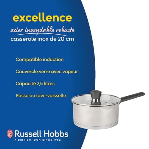Russell Hobbs RH01164EU Excellence Collection 20 cm Saucepan with Glass Lid, Stainless Steel, Polished Mirror Finish, Induction Compatible, Dishwasher Safe, Silver - Image 3