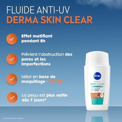 NIVEA - Soin Visage Fluide Anti-UV Derma Skin Clear FPS50+ - Matifie La Peau - Prévient L'Obstruction Des Pores & Les Imperfections - Carnitine, Glycérine & Niacinamide - Peaux À Imperfections - 40 ml - Image 3