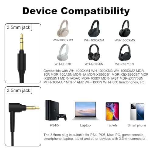 WH-1000XM4 Replacement Stereo Audio Cable Compatible with Sony WH-1000XM5 WH-1000XM4 WH-1000XM3 MDR-10R MDR-XB950BT WH-H900N WH-CH700N MDR-ZX770BN MDR-100ABN Headphones (4.9) m) - Image 3
