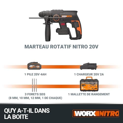 Pack WORX NITRO Cordless Brushless 20V WX381 2J 3 in 1 Drilling, Percussion, Chisel in All Materials, Anti-Vibration, Comes with 2 x 4Ah Batteries, Charger and Accessories - Image 7
