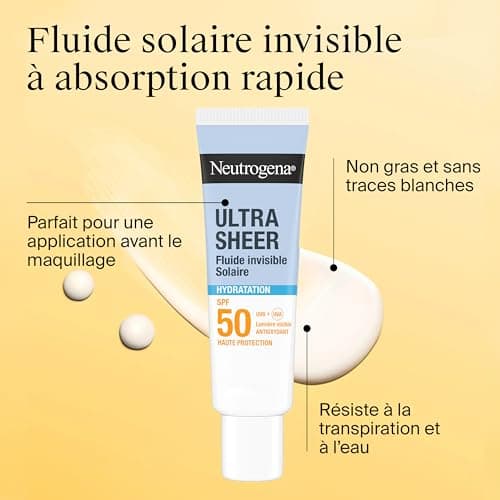Neutrogena – Fluide Solaire Invisible Ultra Sheer Hydratation SPF 50 UVB + UVA (50 ml) – Crème solaire visage antioxydante avec vitamine C – Sec au toucher et absorption rapide, hydratation 24h - Image 4