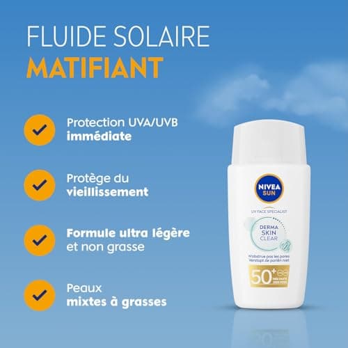 NIVEA SUN Derma Skin Clear Protection Solaire Visage FPS 50+ (1x40ml) — Fluide visage matifiant à la texture ultra-légère — Soin solaire pour les peaux mixtes à grasses - Image 3