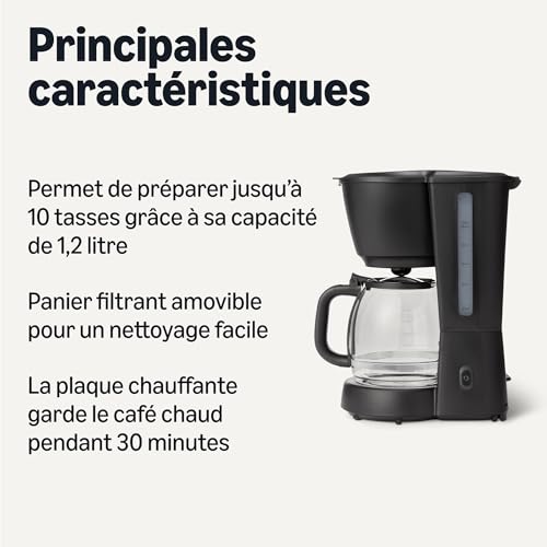 Amazon Basics Machine à café filtre, carafe en verre de 1,25 l/10 tasses, garde au chaud pendant 29 min, 1 000 W, noir, prise européenne - Image 3