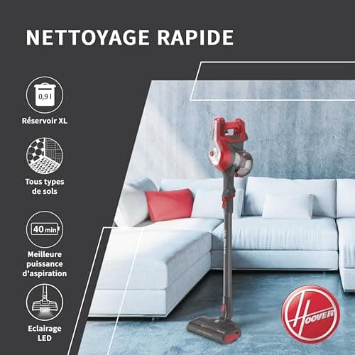 Hoover H-FREE100 HF122RH Multifunctional Cordless Vacuum Cleaner, Powerful 22V, Long Battery Life 40min, Maxi Capacity 0.9L, Parking Position, Washable Filter, On-Board Accessories Brush Furniture + - Image 4