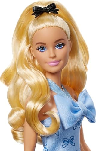 Barbie Barbie Fashionistas Baby Blue Halter Dress Doll with Blonde Wavy Ponytail, Black Bow and Matching Blue Heels - Image 4