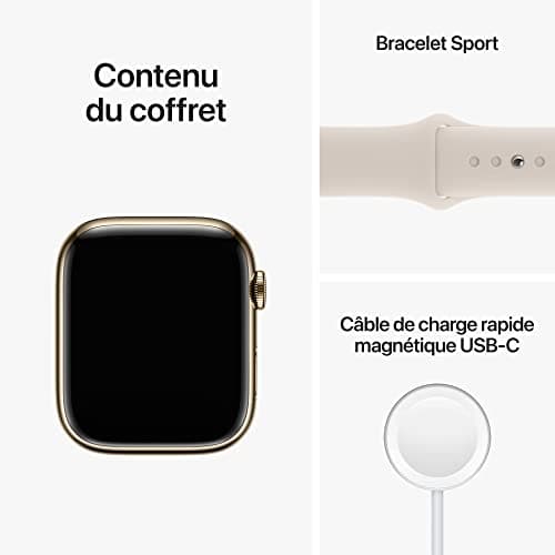 2022 Apple Watch Series 8 GPS + Cellular, Boîtier en acier inoxydable Or de 45 mm, Bracelet Sport Lumière stellaire - Regular - Image 7
