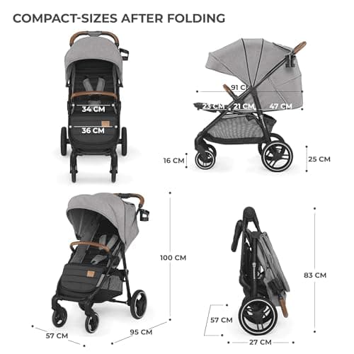 Kinderkraft GRANDE PLUS Poussette Canne dès la Naissance jusqu’à 22 kg, Pliage d'une seule main, Position allongée, Capote extensible, 4 Roues amorties, Gris - Image 8