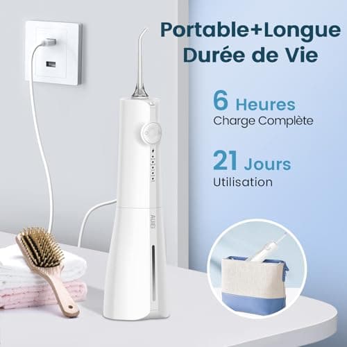 Portable Water Flosser Dental Jet Water Flosser, Oral Irrigator 5 Modes and 8 Nozzles, 300 ml Tank, USB Charged, IPX7 Waterproof, Sensitive Gum (White) - Image 6