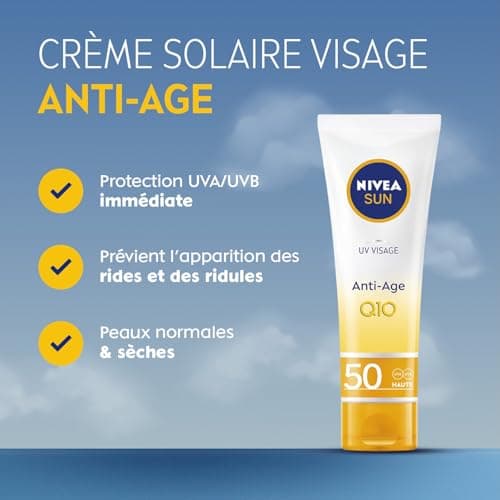 NIVEA SUN - Crème UV Visage Anti-Âge Q10 FPS 50 - Protection Solaire UVA/UVB & Lumière Bleue - Prévient Le Vieillissement - Formule Hydratante Au Q10 - Non Collant - Peaux Normales À Sèches - 50 ml - Image 4