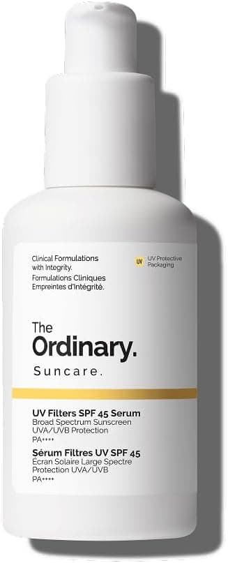 The Ordinary Sérum Filtres UV SPF 45, écran solaire léger et hydratant, à large spectre, protège contre les rayons UVA/UVB, compatible avec le maquillage, pas de traces blanches, 60 ml