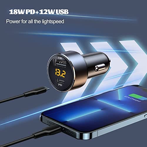 30W USB C Car Charger, Mini USB Adapter 2.4A with LED Voltage Display, 12W USB and 18W PD 12V Car Charger Adapter for Phone, Tablet and Other Mobile Devices - Image 3