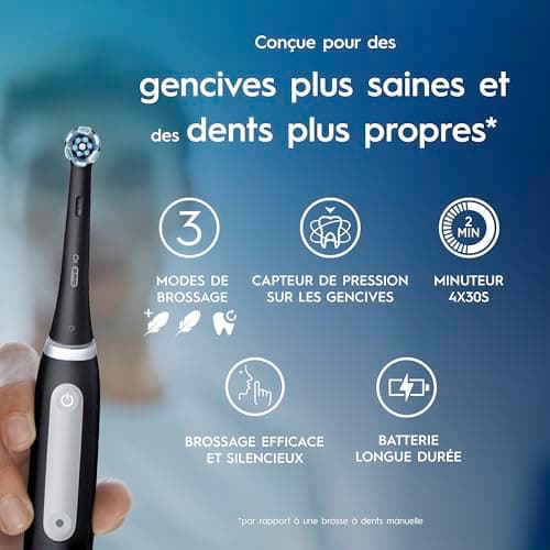 Oral-B Brosse A Dents Electrique iO 3 Noire, 3 Modes De Nettoyage Dont Blancheur, Brossage Silencieux, Capteur De Pression, Brossette De Rechange Oral B, Embout Rond, Chargeur, Etui De Voyage - Image 4