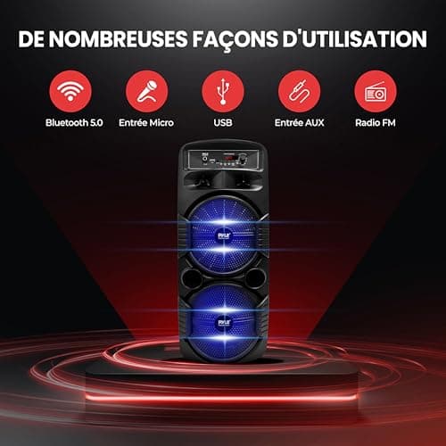Pyle Bluetooth Speaker, 600W Rechargeable Outdoor Portable Speaker Sound Speaker with Dual Subwoofer, Tweeter, Microphone Input, Party Lights, USB, Radio, Remote Control - Image 4