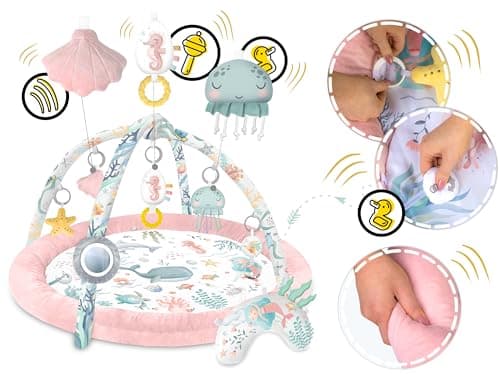 Nukido Baby Play Mat with Removable Arches 7 Multifunctional Toys Soft Cushion Sensory Development Hand Eye Coordination Pink Ocean - Image 3