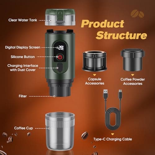 2 in 1 Portable Coffee Maker with 7650mAh Battery, Hot/Cold Extraction, for Nespresso Capsules and Ground Coffee, Portable Coffee Maker for Office, Travel and Camping (Green) - Image 5