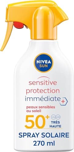 NIVEA SUN Spray solaire Sensitive Protection Immédiate Peaux Sensibles FPS 50+ (1 x 270 ml), Protection anti UV non grasse et sans parfum, Crème solaire résistante à l’eau - Image 2