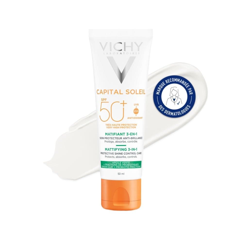 Vichy Vichy, Capital Soleil, Mattifying Sunscreen SPF50+ 3 in 1, Very Wide Spectrum UVA and UVB Protection, Combination to Oily Skin, Regulates Sebum, Non-Greasy Formula, 50 ml