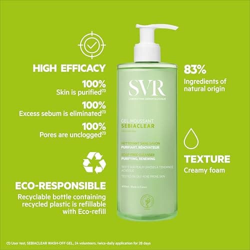 SVR - Sebiaclear Gel Moussant - Nettoyant purifiant anti-imperfections - Pour peaux mixtes à grasses, sensibles et à tendance acnéique - Gluconolactone4%, acide salicylique 0,5% - 400 ml - Image 6