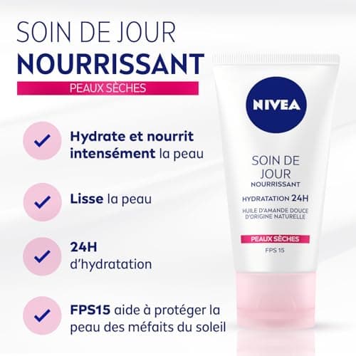 NIVEA Soin De Jour 24H Hydratant Nourrissant FPS15 (2 x 50 ml), crème hydratante visage enrichie en beurre de karité, soin visage femme pour peaux sèches - Image 3
