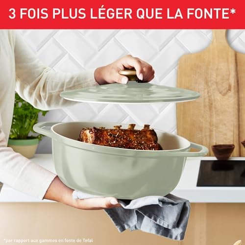 Tefal Cast Iron Casserole Dish Oval 30 cm, Light Weight Cast Aluminium Casserole Dish, Easy Cleaning, Safe Ceramic Coating, Condensing Lid, Oven Compatible, Induction, Air E2668925 - Image 4