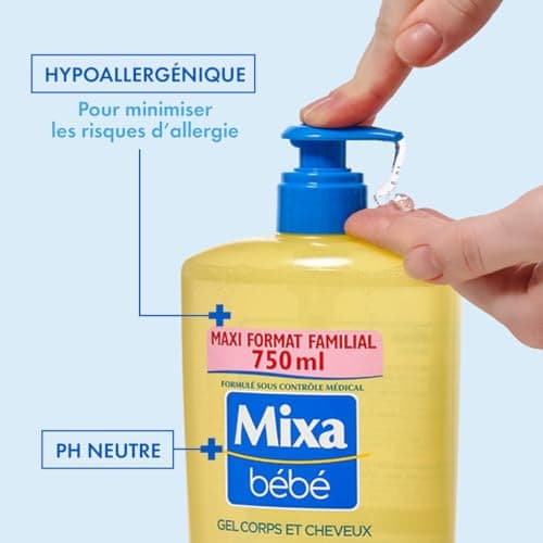 Mixa Bébé Gel 2 en 1 Corps et Cheveux Très Doux - À l'Huile d’Amande Douce -Hypoallergénique - pH Neutre - Maxi Format Familial 750 ml - Image 7