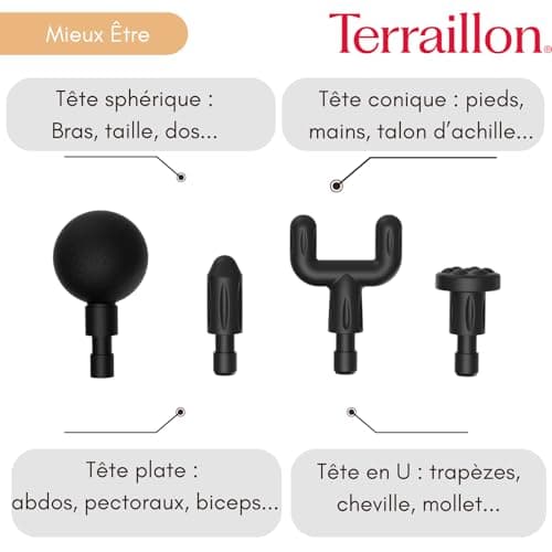 TERRAILLON - FITNESS MASSAGER - Multi-zone muscle massage gun, 6 massage speeds 1800-3200 RPM, Relieves and relaxes muscles, muscle recovery, 4 tips, USB-C. - Image 4