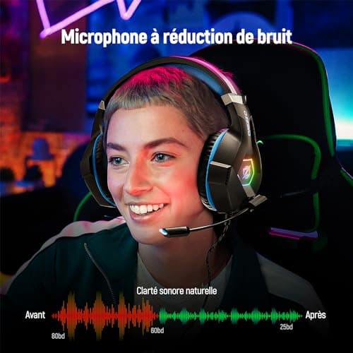 Ozeino Gaming Headset for PS5 PC PS4, Gaming Headset for Micro RGB 7 Colors Transducers 50mm Stereo Bass Mic Adjustable Noise Cancelling Compatible with Switch Xbox Series X & S-Blue Black - Image 6